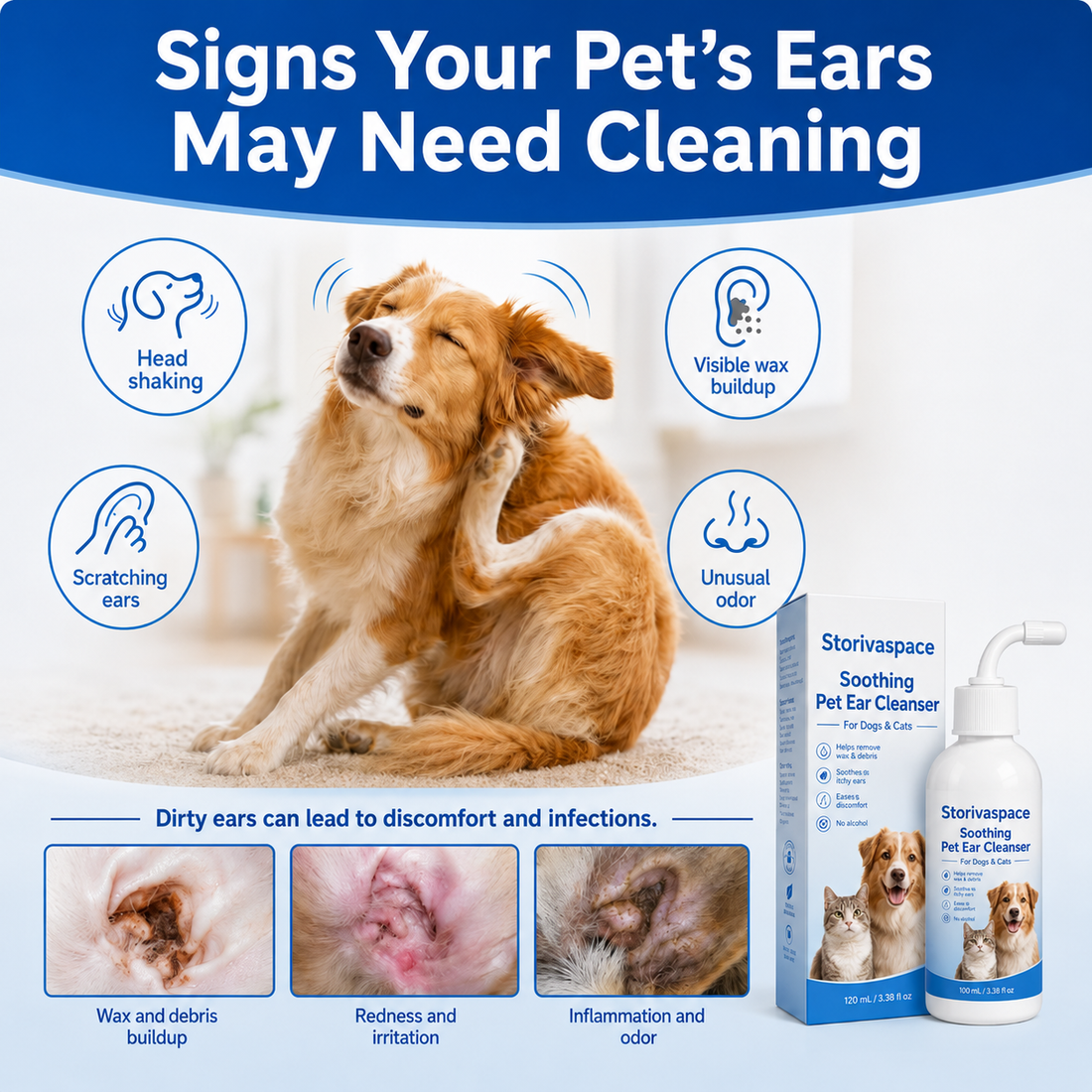 Dog showing common signs that ears may need routine cleaning
