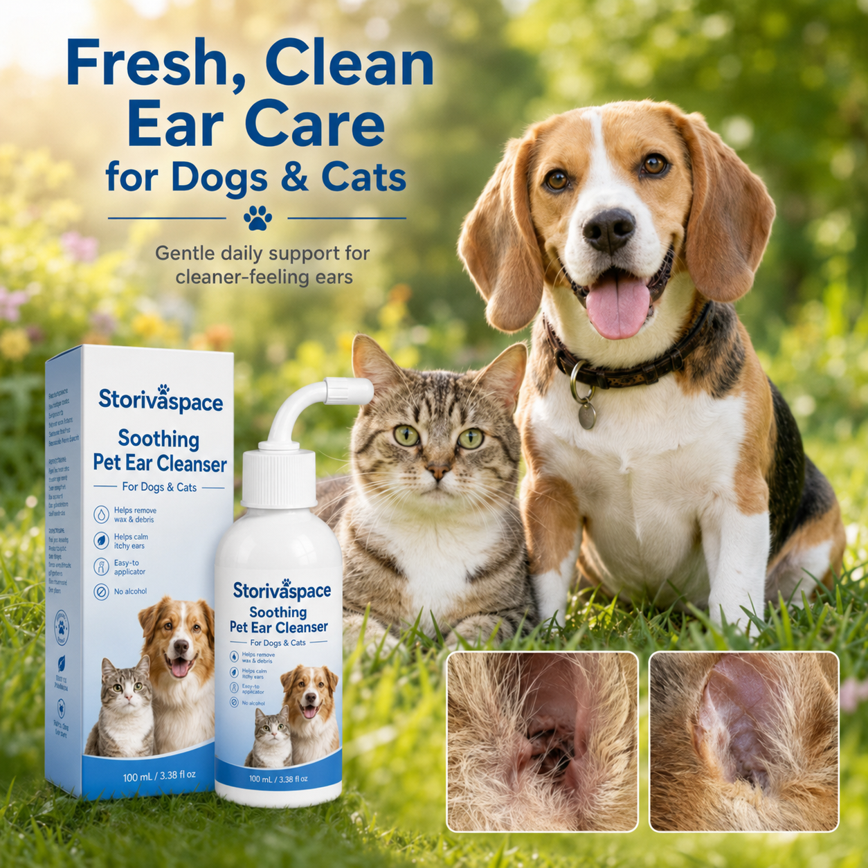🐾 Soothing Pet Ear Cleanser – Gentle Wax, Odor & Itchy Ear Care for Dogs & Cats 💙